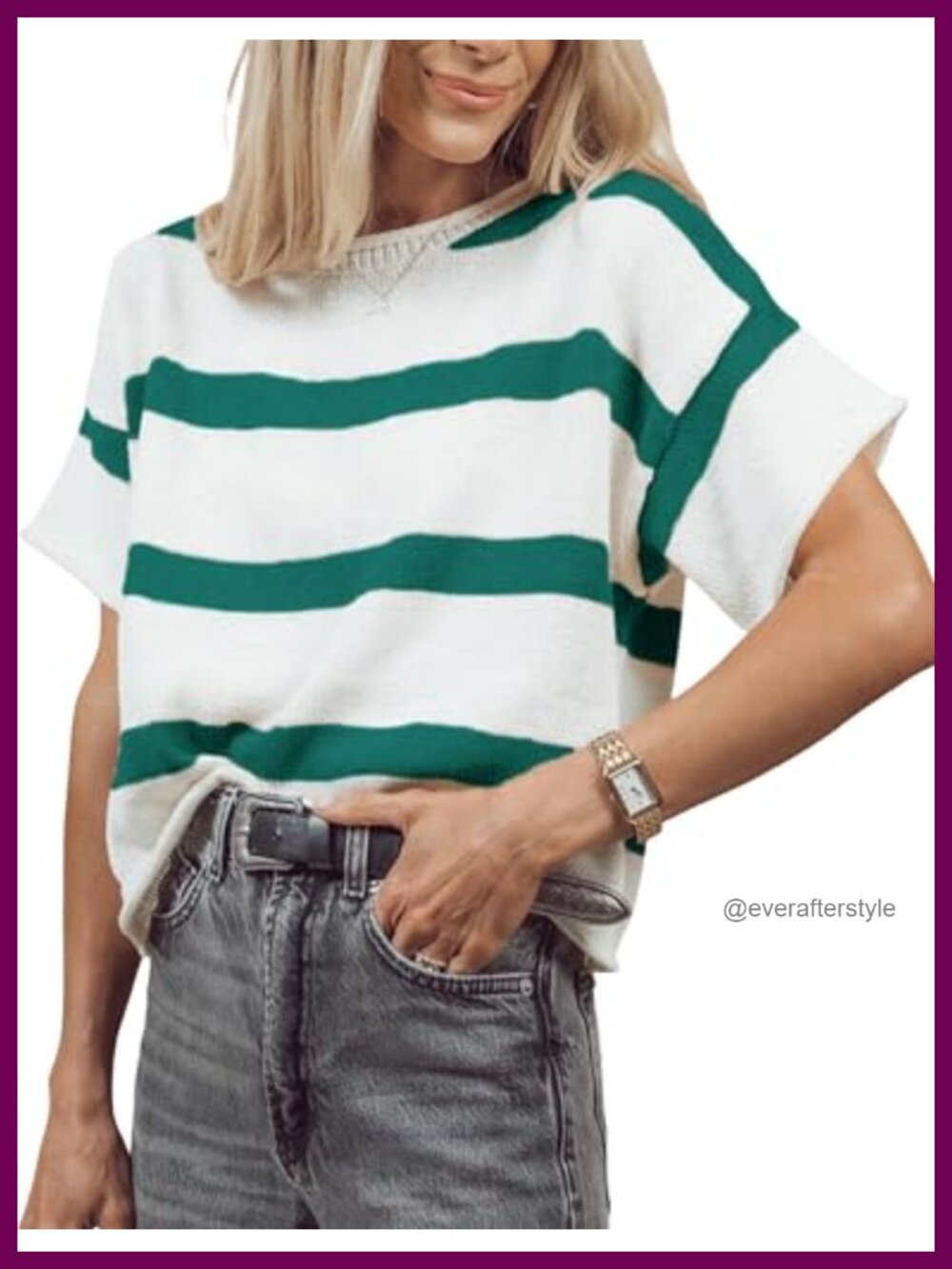 Striped Knit Pullover Crewneck Short Sleeve Lightweight Sweater Top